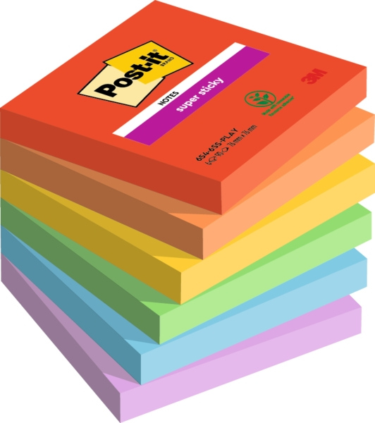 Post-it Super Sticky Confezione da 6 blocchi da 90 foglietti adesivi riposizionabili - Forma quadrata - 76x76 mm - Colori assortiti