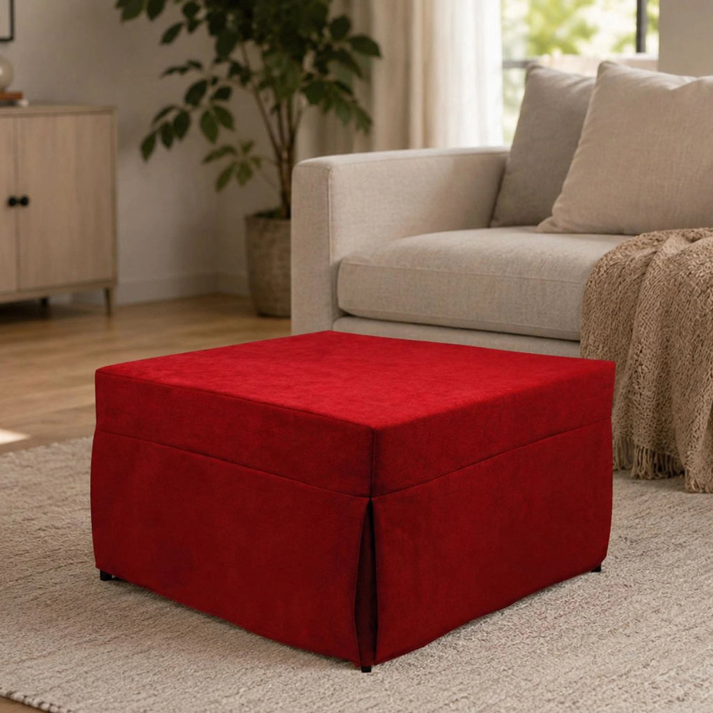 Pouf trasformabile in letto, in tessuto imbottito, rete e materasso inclusi, cm 75x75h42 cm, colore Rosso