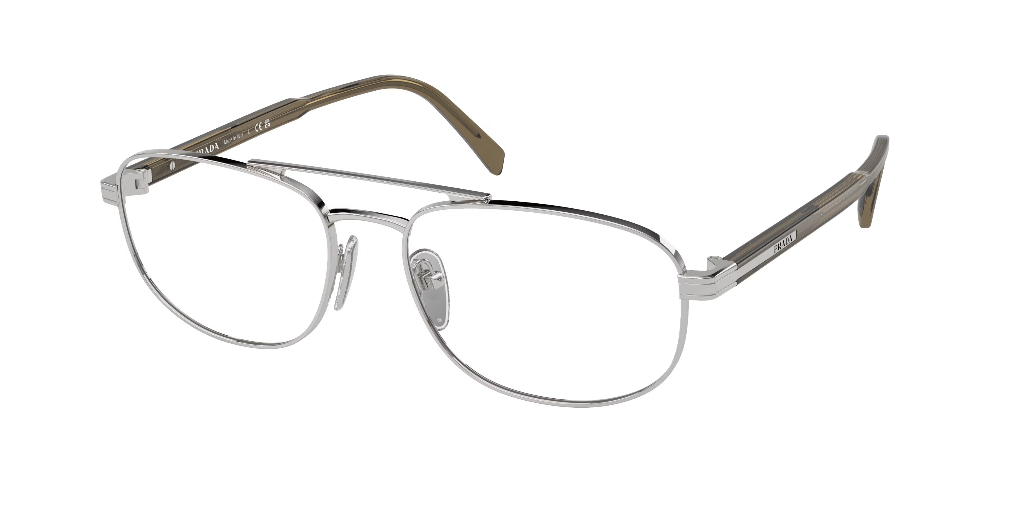 Prada Uomo Prada PR A56V 11U1O1 Montature da vista Acciaio Argento Trasparente Rotonda Normale