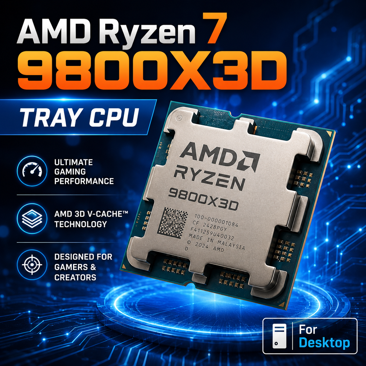 Processore AMD Ryzen 7 9800X3D 8-Core 16-Thread AM5 CPU Desktop 3D V-Cache per Gaming, Confezione Tray Senza Scatola