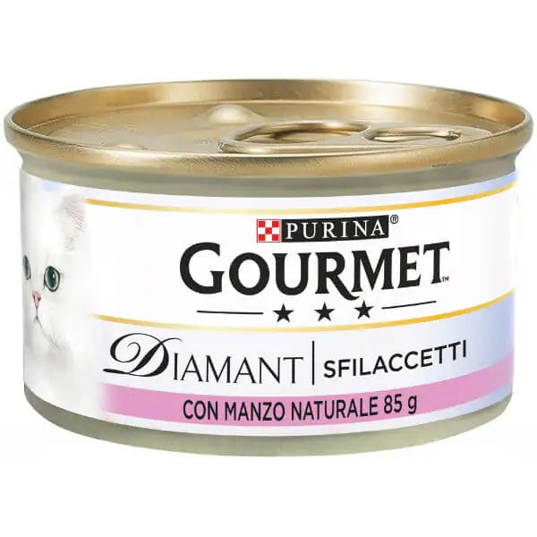 Purina Gourmet Diamant Sfilaccetti Umido Gatto 85 gr Sfilaccetti con Manzo - confezione da 24 pezzi - Cibo umido per gatti - 1° ORDINE? scegli tra BZR5 - BZR20 + 200 pt fedeltà