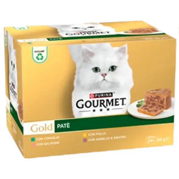Purina Gourmet Gold Patè Umido Gatto Multipack 24x85g 6x Coniglio 6x Salmone 6x Pollo 2x Agnello e anatra - 1° ORDINE? scegli tra BZR5 - BZR20 + 200 pt fedeltà