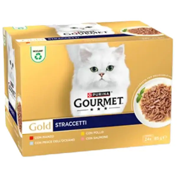 Purina Gourmet Gold Straccetti Umido Gatto Multipack 24x85g 6x Manzo 6x Pesce 6x Pollo 6x Salmone - 1° ORDINE? scegli tra BZR5 - BZR20 + 200 pt fedeltà