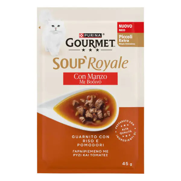 Purina Gourmet Soup Royale Filetti in brodo di cottura 45 gr Manzo - confezione da 12 pezzi - Cibo umido per gatti - 1° ORDINE? scegli tra BZR5 - BZR20 + 200 pt fedeltà