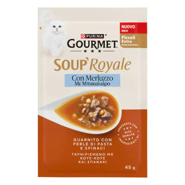Purina Gourmet Soup Royale Filetti in brodo di cottura 45 gr Merluzzo - confezione da 12 pezzi - Cibo umido per gatti - 1° ORDINE? scegli tra BZR5 - BZR20 + 200 pt fedeltà