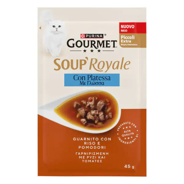 Purina Gourmet Soup Royale Filetti in brodo di cottura 45 gr Platessa - confezione da 12 pezzi - Cibo umido per gatti - 1° ORDINE? scegli tra BZR5 - BZR20 + 200 pt fedeltà