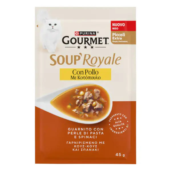 Purina Gourmet Soup Royale Filetti in brodo di cottura 45 gr Pollo - confezione da 12 pezzi - Cibo umido per gatti - 1° ORDINE? scegli tra BZR5 - BZR20 + 200 pt fedeltà