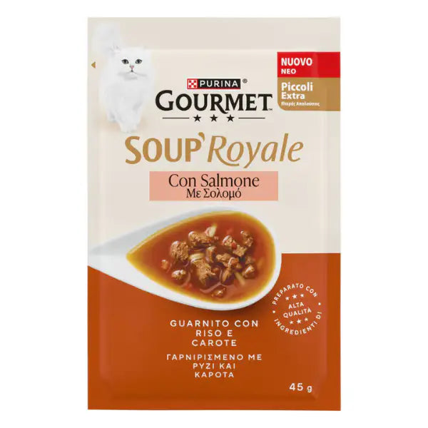 Purina Gourmet Soup Royale Filetti in brodo di cottura 45 gr Salmone - confezione da 12 pezzi - Cibo umido per gatti - 1° ORDINE? scegli tra BZR5 - BZR20 + 200 pt fedeltà
