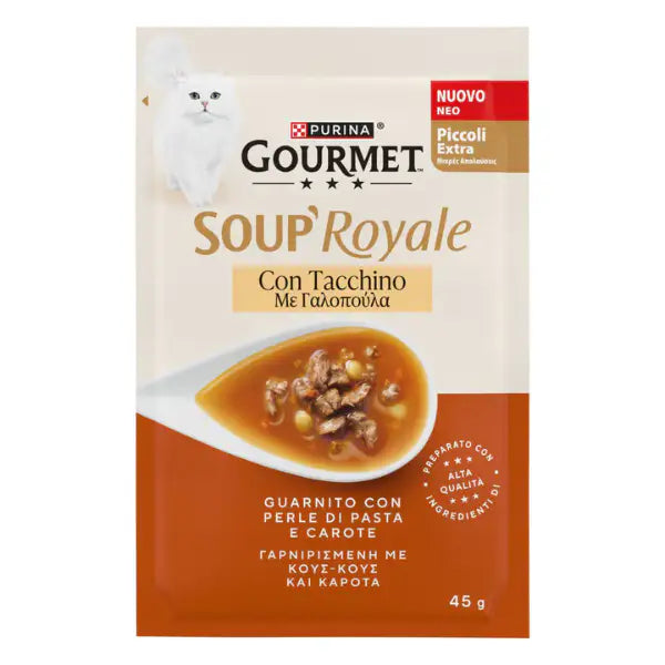 Purina Gourmet Soup Royale Filetti in brodo di cottura 45 gr Tacchino - confezione da 12 pezzi - Cibo umido per gatti - 1° ORDINE? scegli tra BZR5 - BZR20 + 200 pt fedeltà Purina Gourmet Soup Royale Filetti in brodo di cottura 45 gr Tacchino - confezione da 12 pezzi - Cibo umido per gatti - 1° ORDINE? scegli tra BZR5 - BZR20 + 200 pt fedeltà