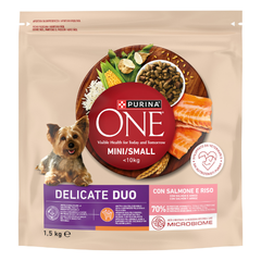 Purina One Dog Adult Mini/Small Delicate Duo con Salmone e riso 1,5 kg (scadenza: 30/03/2027) - Croccantini per cani - 1° ORDINE? scegli tra BZR5 - BZR20 + 200 pt fedeltà