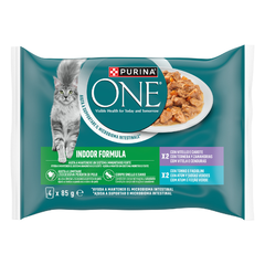 Purina One Indoor Cat Adult filettini in salsa multipack 4x85 gr 2 x Vitello e Carote 2 x Tonno e Fagiolini - 1° ORDINE? scegli tra BZR5 - BZR20 + 200 pt fedeltà