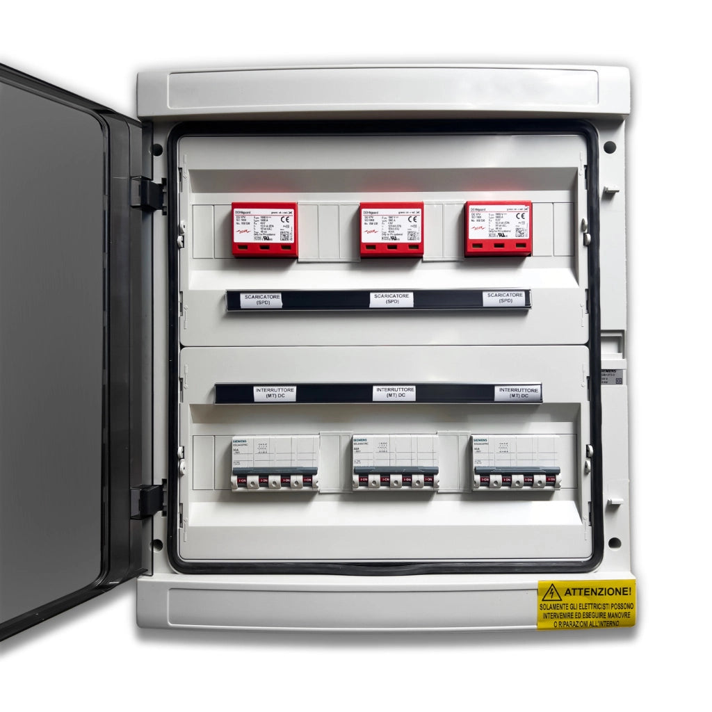 Quadro di Campo DC 3 Stringhe 3 MPPT 1000VDC 20A con Centralino IP65 12 Moduli versione con Interruttori Magnetotermici + Scaricatori Siemens / DEHN QDC3