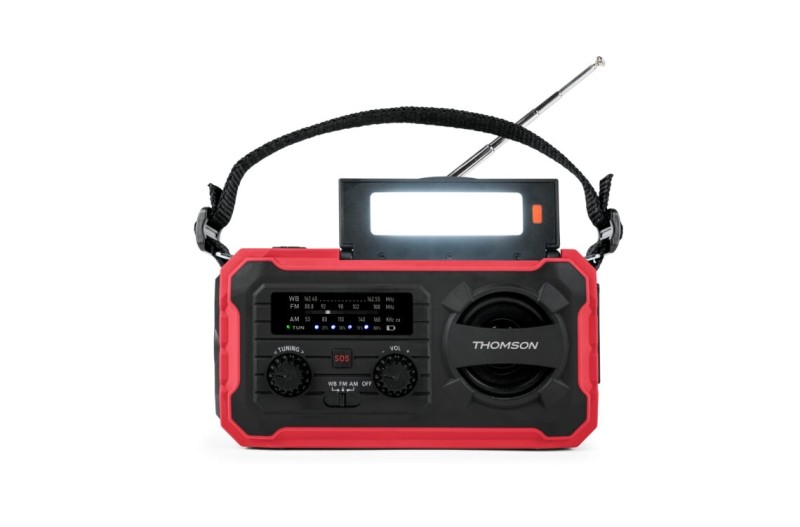 Radio portatile solare Thomson SOS - AM/FM - Batteria da 8000 mAh - Torcia di emergenza - 3 modalità di ricarica - Funzione power bank - Rossa