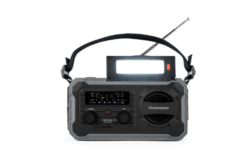Radio portatile solare Thomson SOS - AM/FM - Batteria da 8000 mAh - Torcia di emergenza - 3 modalità di ricarica - Funzione power bank - Grigio