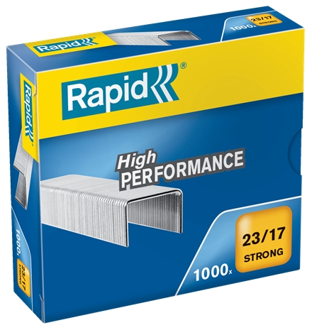 Rapid Strong Scatola da 1000 punti 23/17 - Da 110 a 140 fogli - Filo rinforzato zincato - Perno da 17 mm Rapid Strong Scatola da 1000 punti 23/17 - Da 110 a 140 fogli - Filo rinforzato zincato - Perno da 17 mm