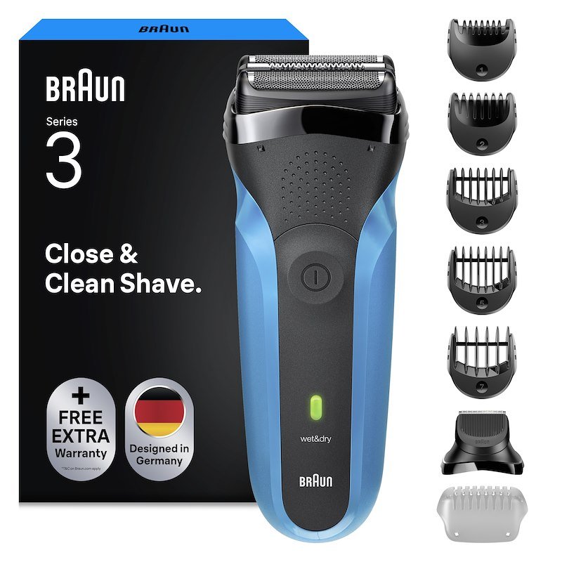 Rasoio elettrico barba BRAUN Serie 3 Braun 310BT, 2 elementi di rasatura a lamina e 1 rifinitore centrale per i peli più lunghi, 5 pettini da 1, 2, 3, 7 mm