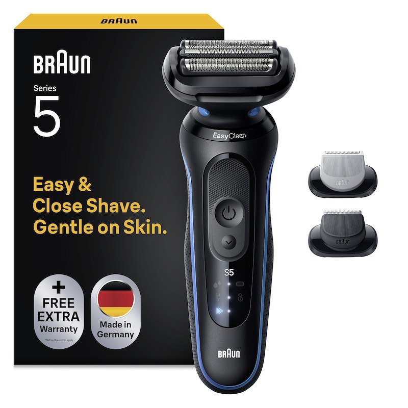 Rasoio elettrico barba BRAUN Series 5 52-B1650S, 3 lame flessibili, 2 modalità di rasatura: standard e turbo, con 1 spazzola per la pulizia, accessorio rifinitore corpo regolabarba