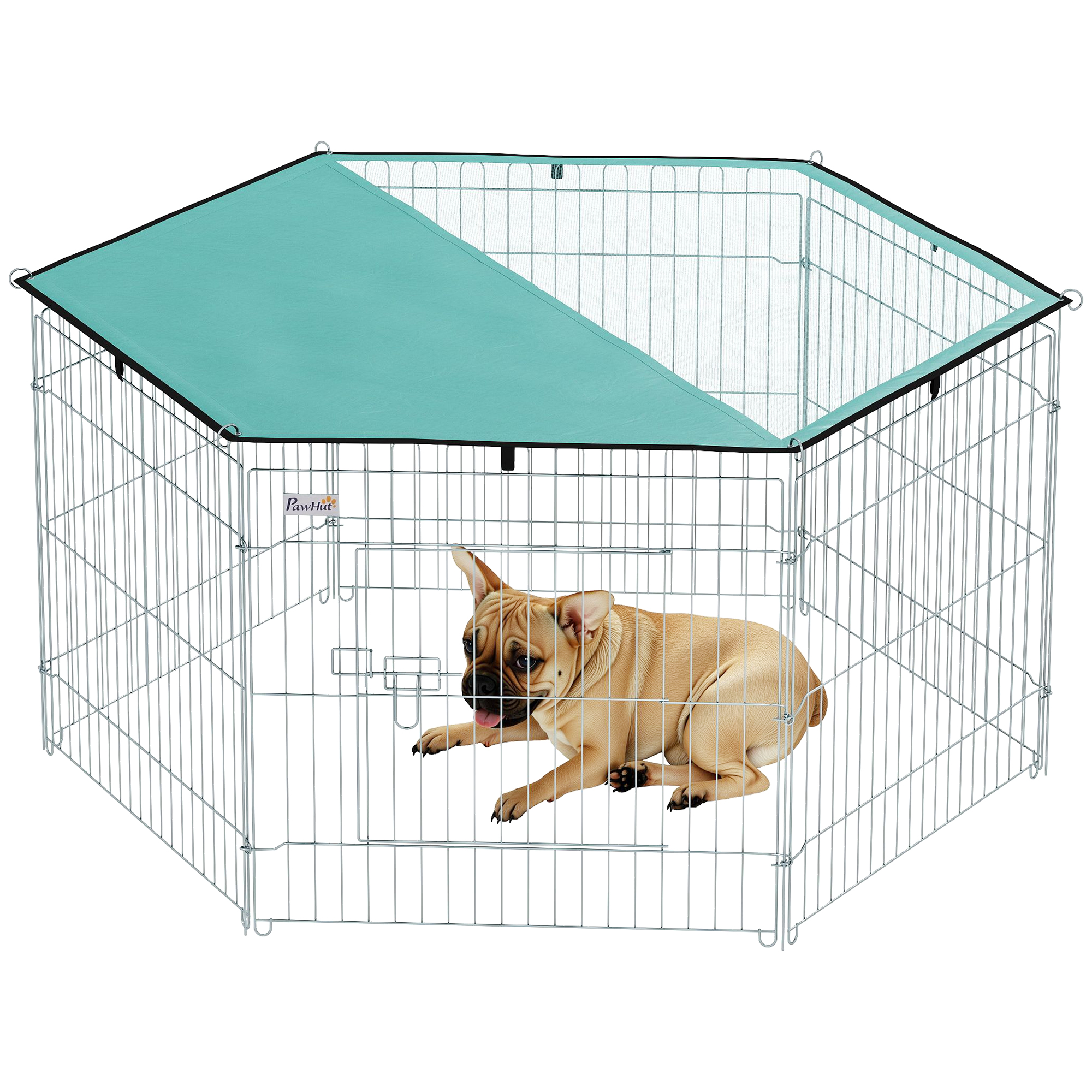 Recinto PawHut in Acciaio con 6 Pannelli e 1 Porta per Cani, Conigli, Roditori e Piccoli Animali Ø 120x60 cm Grigio Metallo Verde