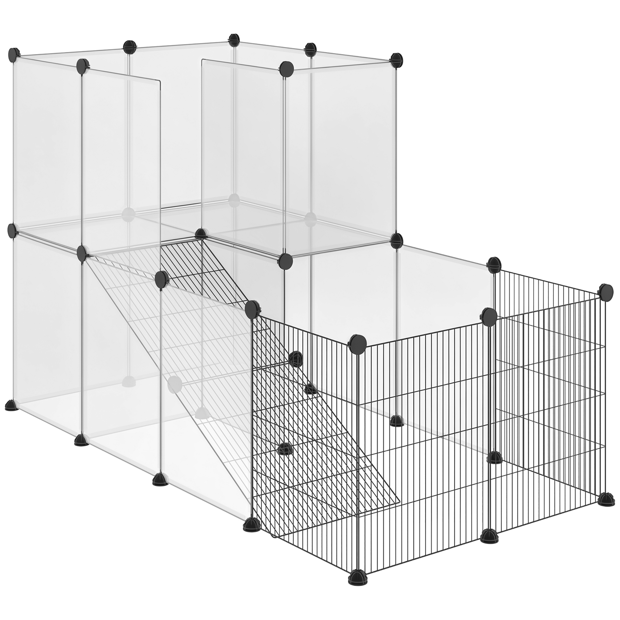 Recinto per conigli da interno PawHut, 2 livelli, design modulare con filo d'acciaio aperto e visibile, gabbia modulare, recinzione per piccoli animali, conigli, cincillà, gatti, 27 pezzi, 140x70x90