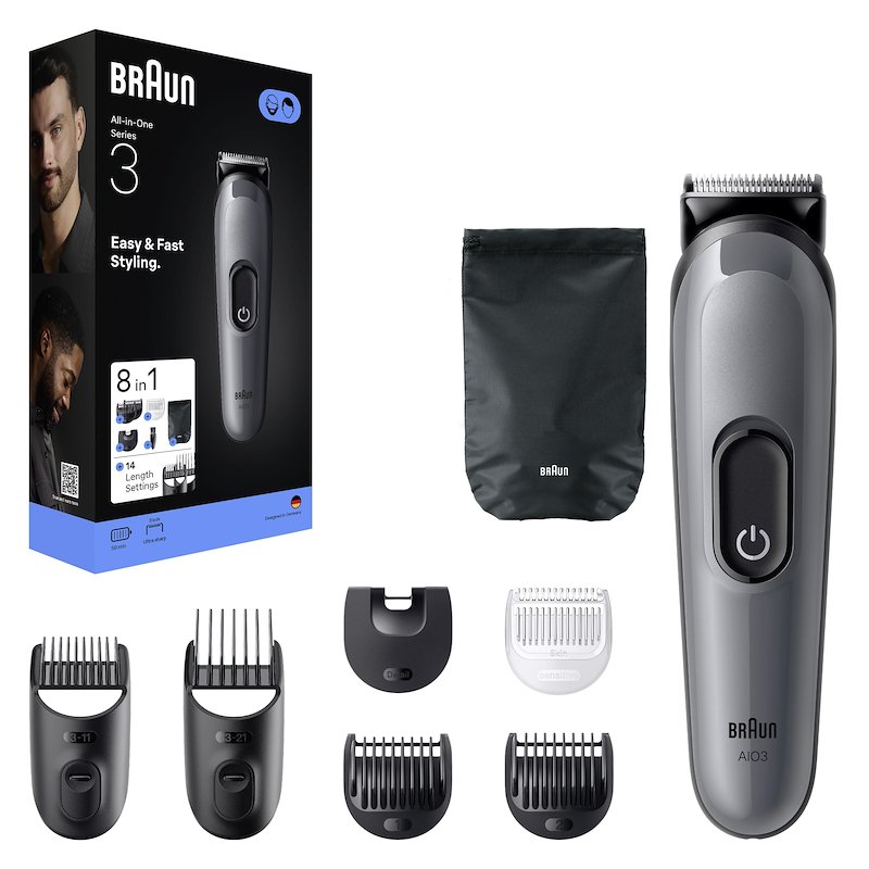 Regolabarba BRAUN SERIES 3 AIO, All-in-One, 14 impostazioni di lunghezza, 6 pettini e 1 spazzola per la pulizia, con custodia, barba capelli