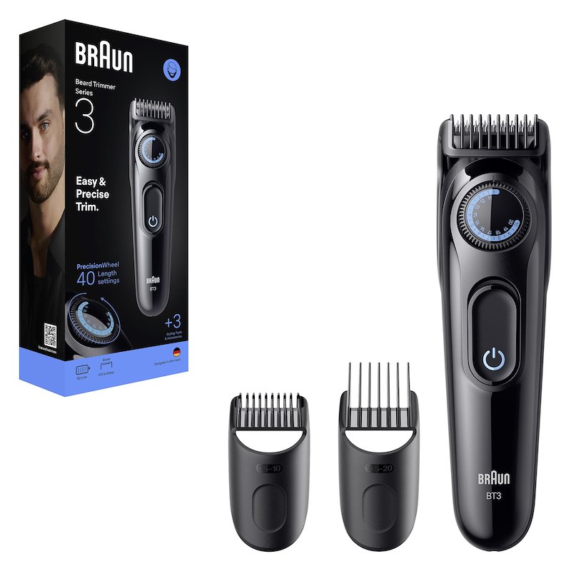 Regolabarba BRAUN SERIES 3 BT 3520, 40 impostazioni di lunghezza a intervalli 0,5mm, 2 pettini e 1 spazzola per la pulizia, 50 min autonomia