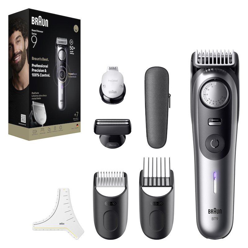 Regolabarba BRAUN SERIES 9, lama ProBlade, modalità extra PowerBoost, 52 impostazioni di lunghezza, impermeabile, rifinitori precisione