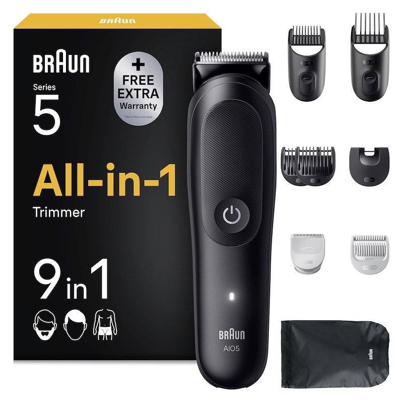 Regolabarba e capelli BRAUN All-in-One Series 5, 14 livelli di taglio, lama skinguard, 7 pettini, 1 spazzola per la pulizia custodia