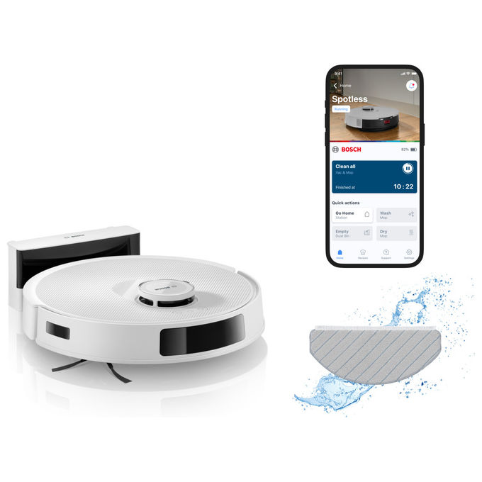 ROBOT ASPIRAPOLVERE BOSCH BCRC2W, Lavapavimenti, Sensore di superficie, Spazzola laterale, Base carica, Bianco