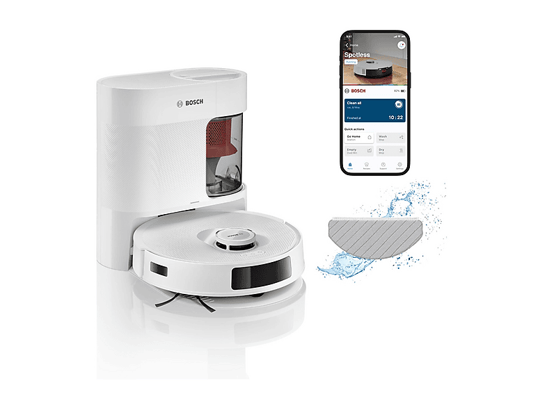 ROBOT ASPIRAPOLVERE BOSCH BCRD2W, Lavapavimenti, Sensore di superficie, Spazzola laterale, Base carica, Bianco