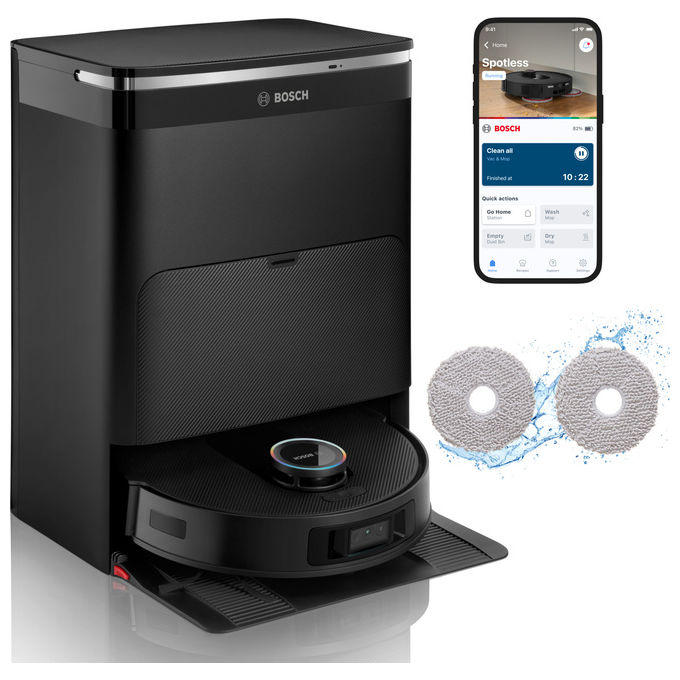 ROBOT ASPIRAPOLVERE BOSCH BCRDW3BX, Lavapavimenti, Sensore di superficie, Spazzola laterale, Base carica, Nero