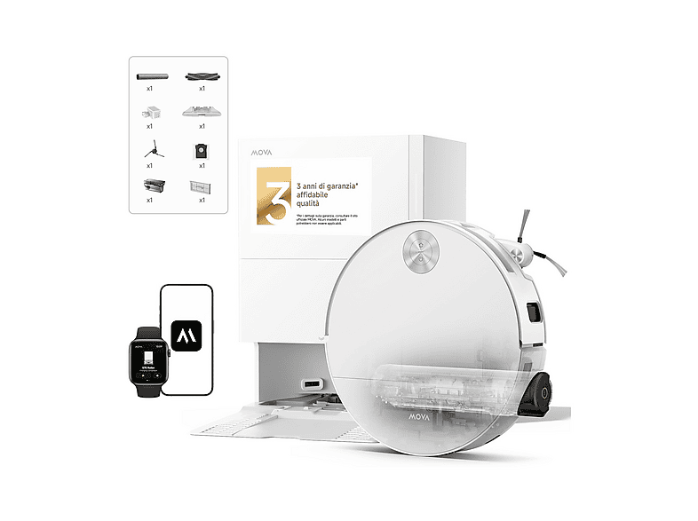 ROBOT ASPIRAPOLVERE MOVA S70 VIM Roller, Potenza 700 W, Lavapavimenti, Autonomia fino a 160 min, Sensore di superficie, Spazzola laterale, Base carica, Bianco
