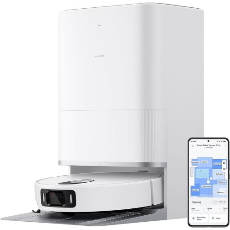ROBOT ASPIRAPOLVERE XIAOMI Robot Vacuum 5 Pro, Potenza 55 W, Lavapavimenti, Autonomia fino a 140 min, Sensore di superficie, Spazzola laterale, Base carica, Bianco