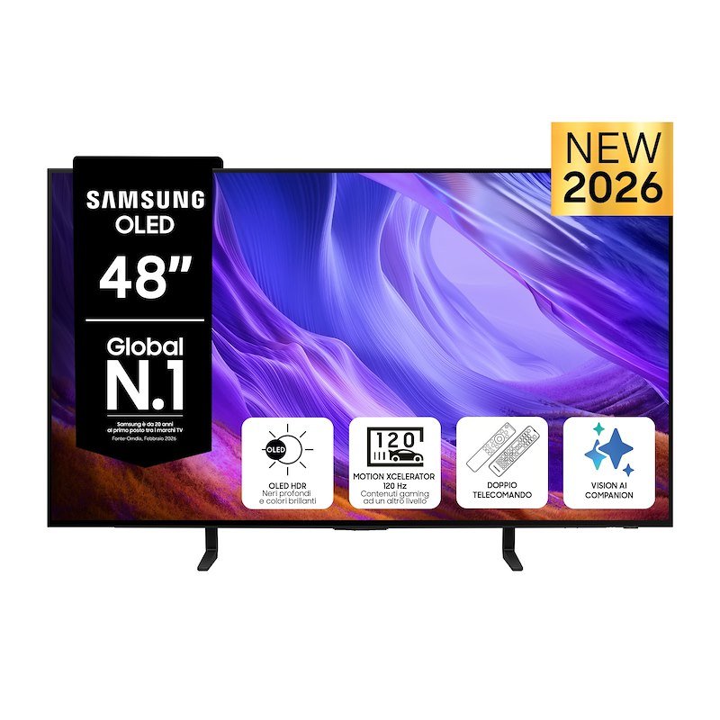 SAMSUNG OLED AI TV 48" QE48S85HAEXZT 4K, Processore NQ4 Gen2, 4K Upscaling, Schermo antiriflesso, HDR, Motion Xcelerator 120Hz, Dolby Atmos & OTS Lite, Laser Slim Design, Vision Smart TV, 2026
