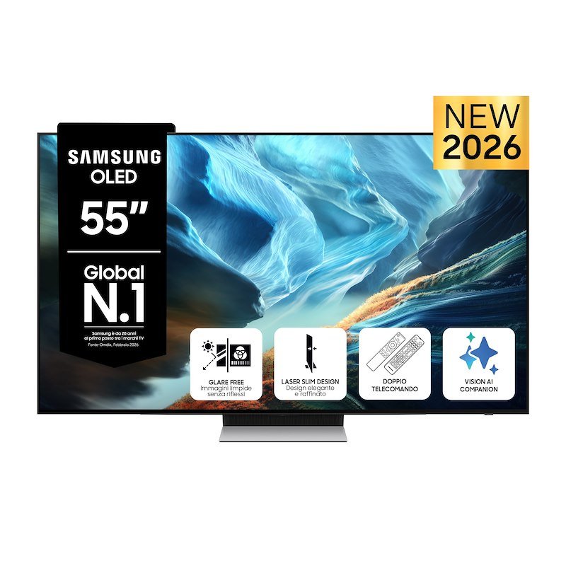 SAMSUNG OLED AI TV 55" QE55S90HAEXZT 4K, Processore NQ4 Gen3, 4K Upscaling Pro, Glare Free, HDR+, Motion Xcelerator 165Hz, Dolby Atmos & OTS Lite, Laser Slim Design, Vision Smart TV, 2026