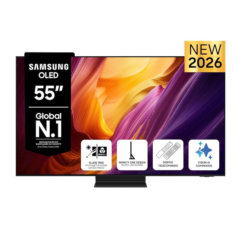 SAMSUNG OLED AI TV 55" QE55S95HFTXZT 4K, Processore NQ4 Gen3, 4K Upscaling Pro, Glare Free, HDR Motion Xcelerator 165Hz, Dolby Atmos & OTS+, Infinity One Design, Vision Smart TV, 2026