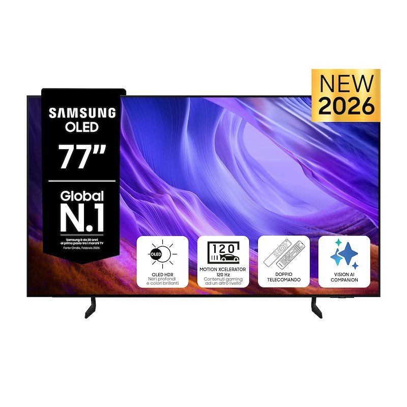 SAMSUNG OLED AI TV 77" QE77S85HAEXZT 4K, Processore NQ4 Gen2, 4K Upscaling, Schermo antiriflesso, HDR, Motion Xcelerator 120Hz, Dolby Atmos & OTS Lite, Contour Design, Vision Smart TV, 2026