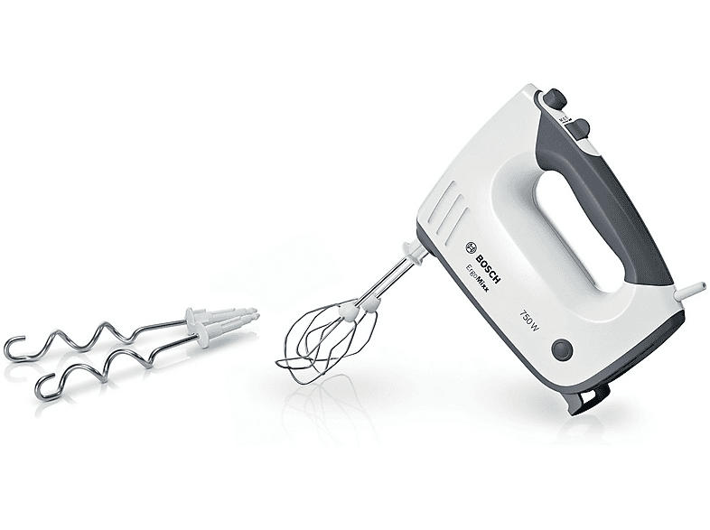 Sbattitore elettrico BOSCH MFQ37400, 750 W, 5 Velocità e Turbo, Leggero, Impugnatura Ergonomica, Fruste Ganci in Acciaio Inox, Bianco, Grigio