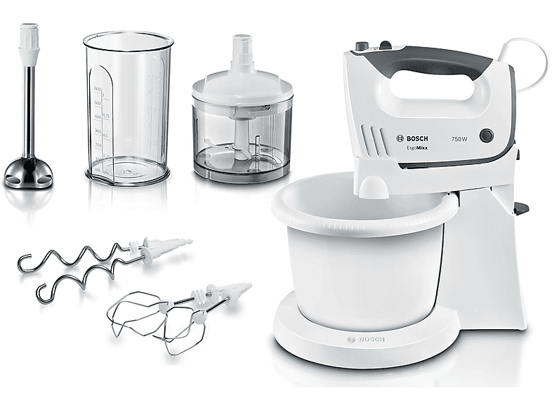 Sbattitore elettrico BOSCH MFQ37490, 750 W, 5 Velocità e Turbo, Leggero, Impugnatura Ergonomica, Fruste Ganci in Acciaio Inox, Vari Accessori Inclusi, Bianco