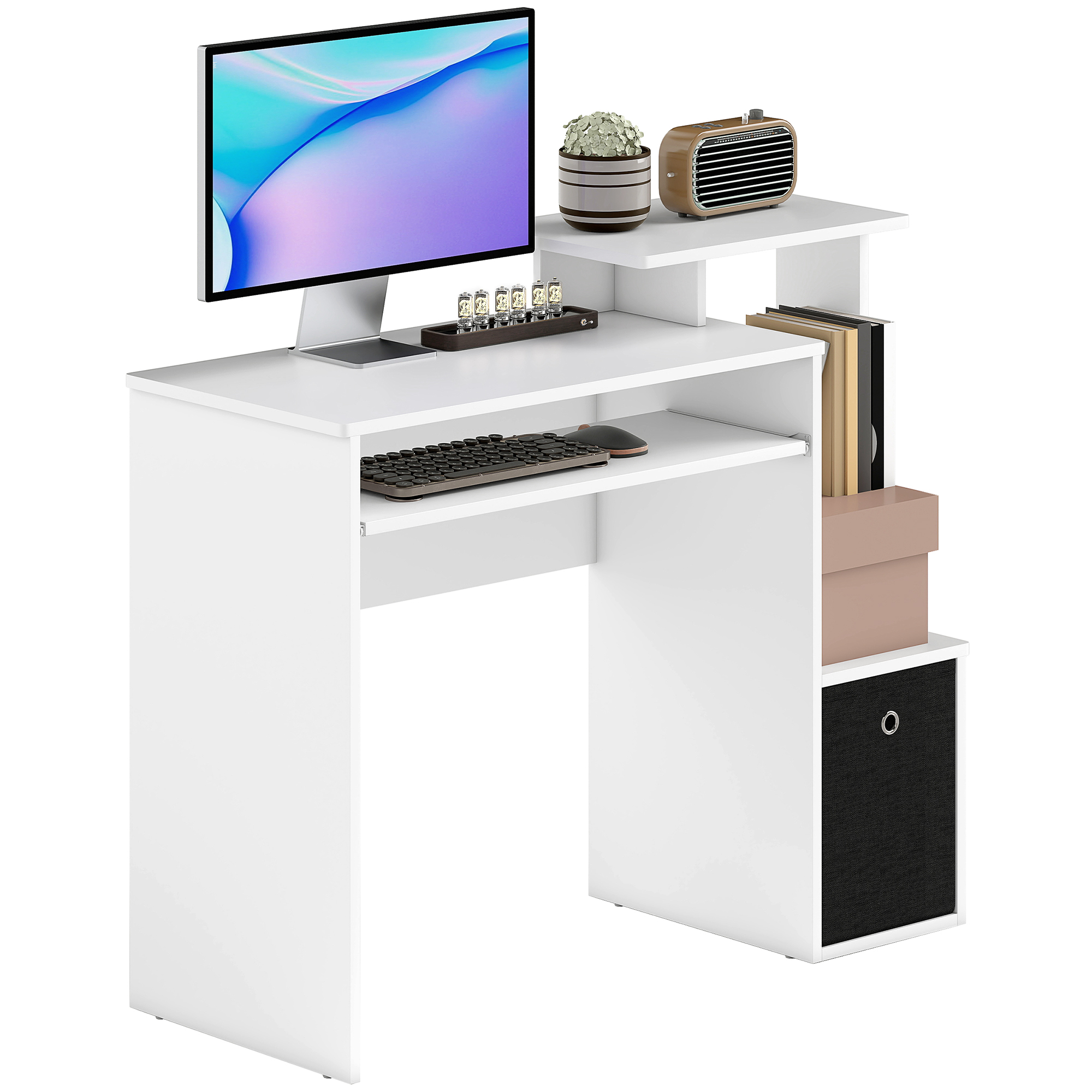 Scaffali Multimediali per Scrivania Computer Tablet Tastiera Cestino Nero in Truciolato Bianco Homcom