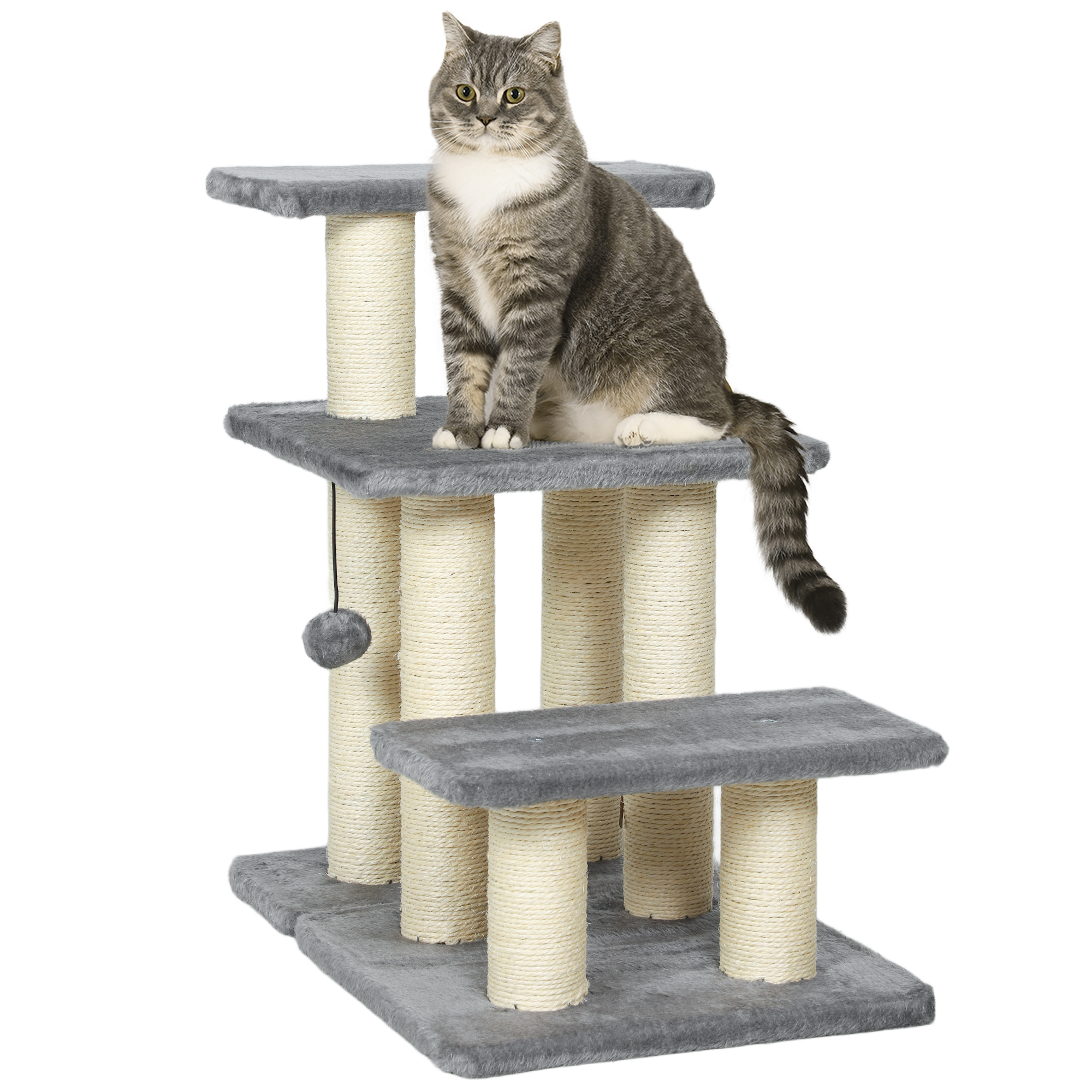 Scala per animali domestici PawHut a 3 gradini regolabili, scaletta per gatti e cani con sisal e palle con unghie, per un