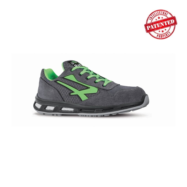 Scarpe antinfortunistiche basse Upower Point S ESD - Taglia 48 - Tomaia in nylon ultra flessibile e morbida pelle scamosciata puntale in alluminio suola in poliuretano antiscivolo e antipiega protezione S1PS FO SR - Grigio scuro/Verde