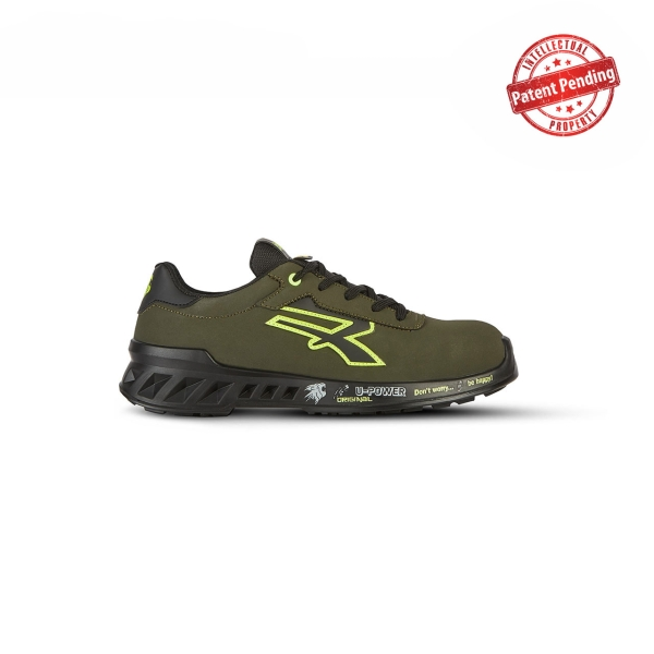Scarpe antinfortunistiche basse Upower Ryan S ESD - Taglia 45 - Tomaia in microfibra idrorepellente suola antiscivolo e resistente all'olio puntale in alluminio AirToe sistema antiperforazione - Verde oliva/Giallo