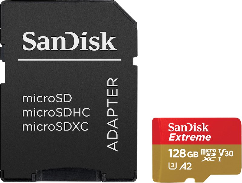 SCHEDA DI MEMORIA SANDISK Extreme Action Cam 128GB Scheda microSDXC per Cams e Drones + adattatore SD, Classe 10, U3, V30