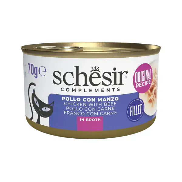 Schesir Cat Adult filetti in brodo alimento complementare in lattina 70 gr Pollo con manzo - confezione da 6 pezzi - Cibo umido per gatti - 1° ORDINE? scegli tra BZR5 - BZR20 + 200 pt fedeltà