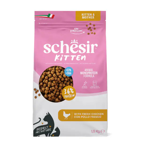 Schesir Cat Kitten & Mother Monoprotein formula con Acido folico Pollo fresco 1.5 kg - Cibo monoproteico gatto - 1° ORDINE? scegli tra BZR5 - BZR20 + 200 pt fedeltà