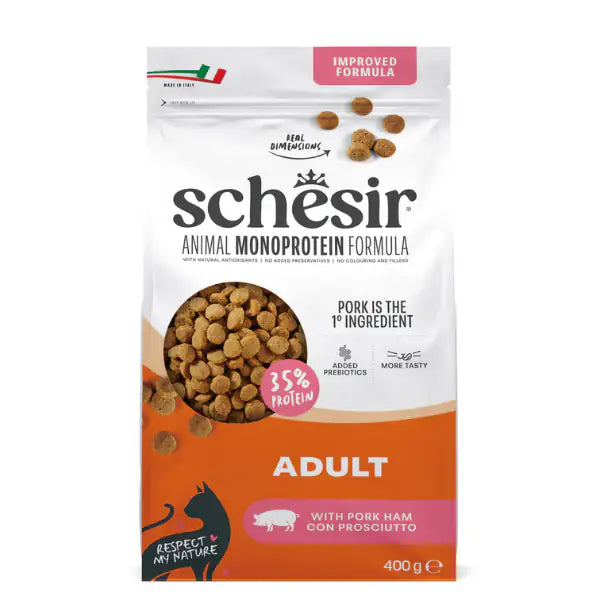 Schesir Cat Monoprotein formula con Prebiotici Prosciutto 400 gr - Cibo monoproteico gatto - 1° ORDINE? scegli tra BZR5 - BZR20 + 200 pt fedeltà