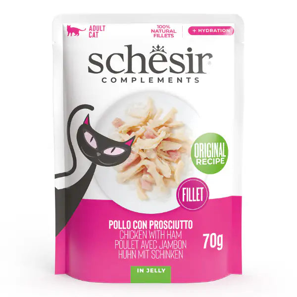 Schesir Cat Soft Adult filetti in gelatina alimento complementare bustine 70 gr Filetti di pollo con prosciutto - confezione da 12 pezzi - Cibo umido per gatti - 1° ORDINE? scegli tra BZR5 - BZR20 + 200 pt fedeltà