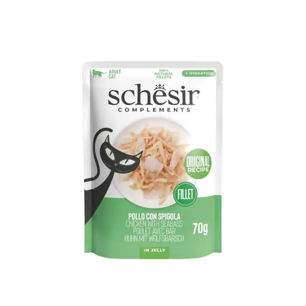 Schesir Cat Soft Adult filetti in gelatina alimento complementare bustine 70 gr Pollo con spigola - confezione da 12 pezzi - Cibo umido per gatti - 1° ORDINE? scegli tra BZR5 - BZR20 + 200 pt fedeltà