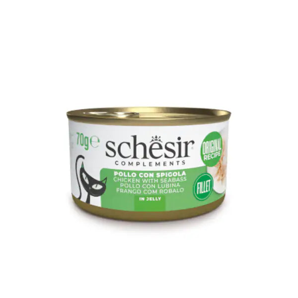 Schesir Cat Soft Adult filetti in gelatina alimento complementare lattina 70 gr Pollo con spigola - confezione da 6 pezzi - Cibo umido per gatti - 1° ORDINE? scegli tra BZR5 - BZR20 + 200 pt fedeltà