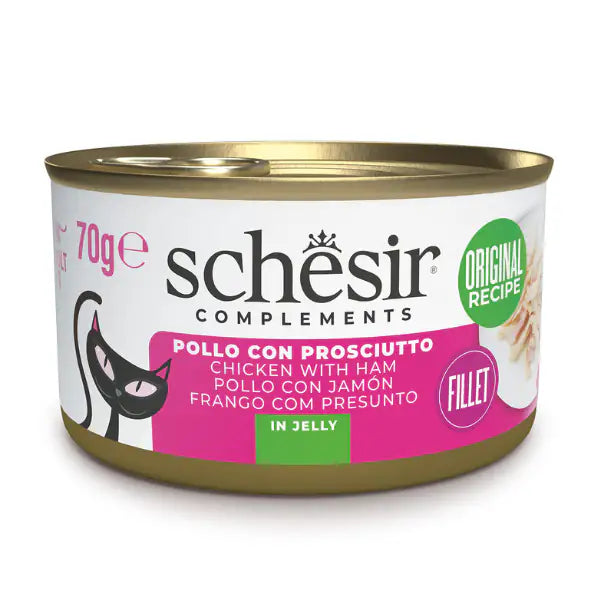 Schesir Cat Soft Adult filetti in gelatina alimento complementare lattina 70 gr Filetti di pollo con prosciutto - confezione da 6 pezzi - Cibo umido per gatti - 1° ORDINE? scegli tra BZR5 - BZR20 + 200 pt fedeltà